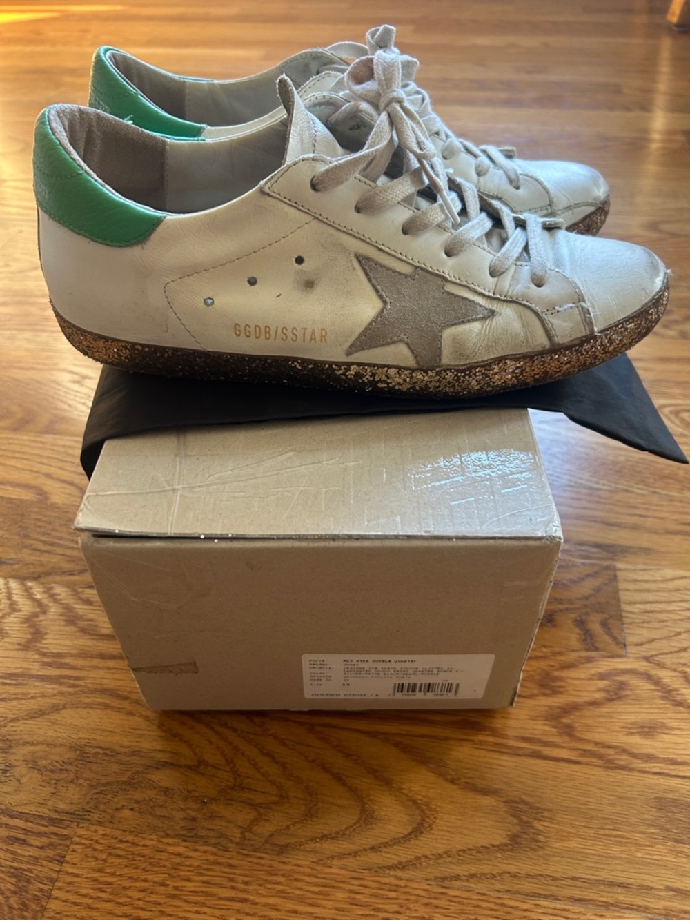Golden Goose White Leather Sneakers with Green Heel and Silver Star